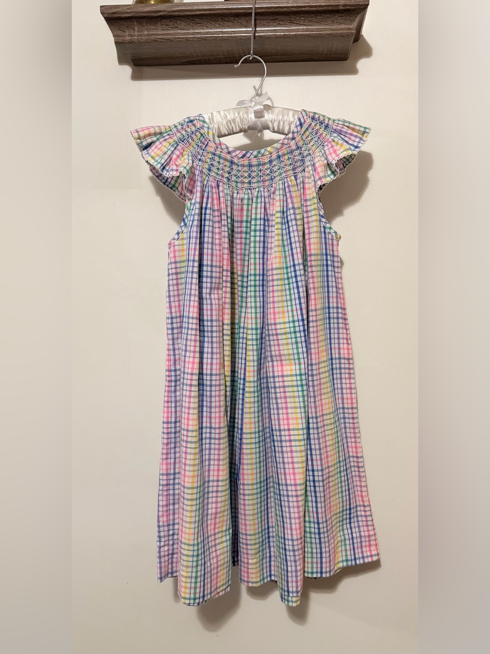 TBBC Angel Sleeve Sandy Smocked Dress Rainbow Pastel Gingham Plaid Size 10
